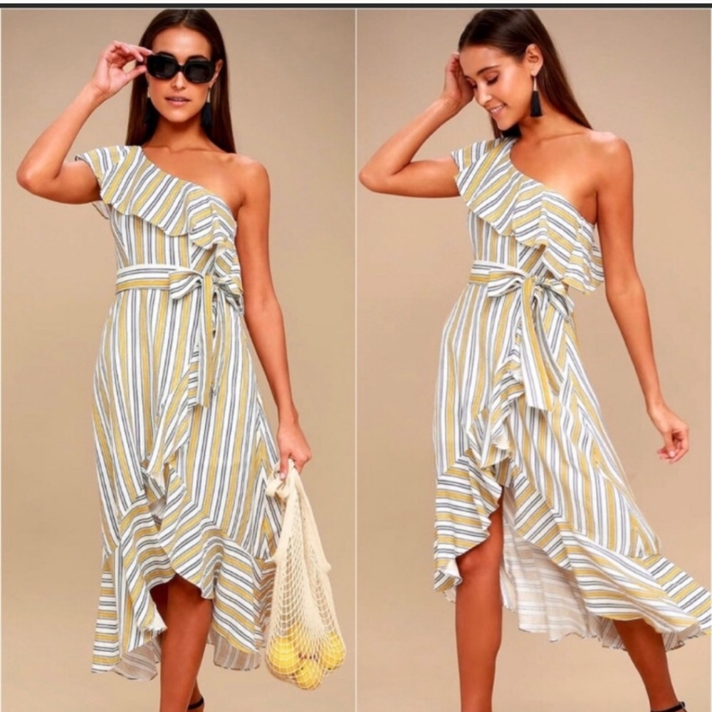 NWT Lulu’s High Tide Yellow Striped One Shoulder Midi Dress size small